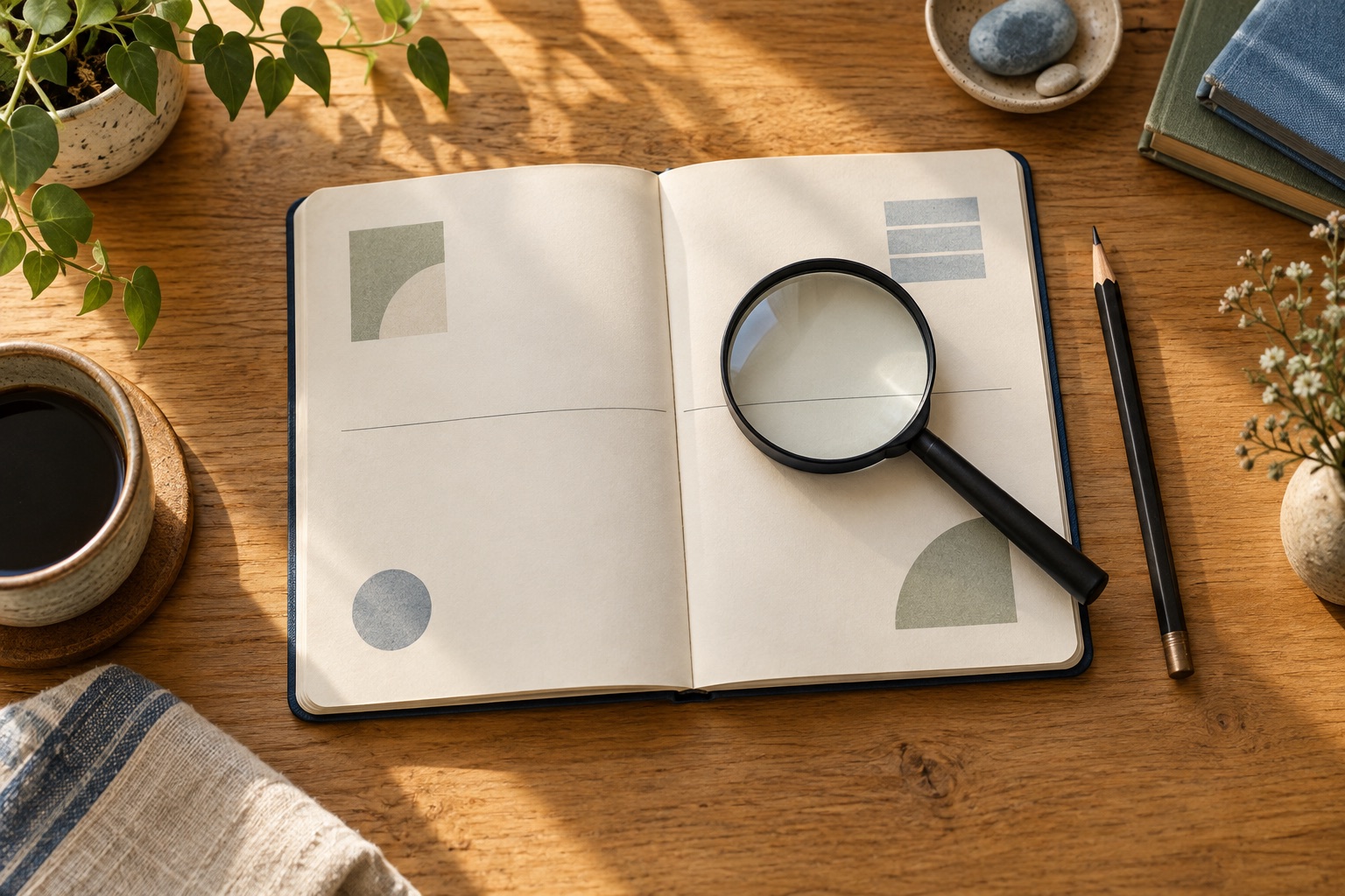 A magnifying glass over a four-part reflection notebook